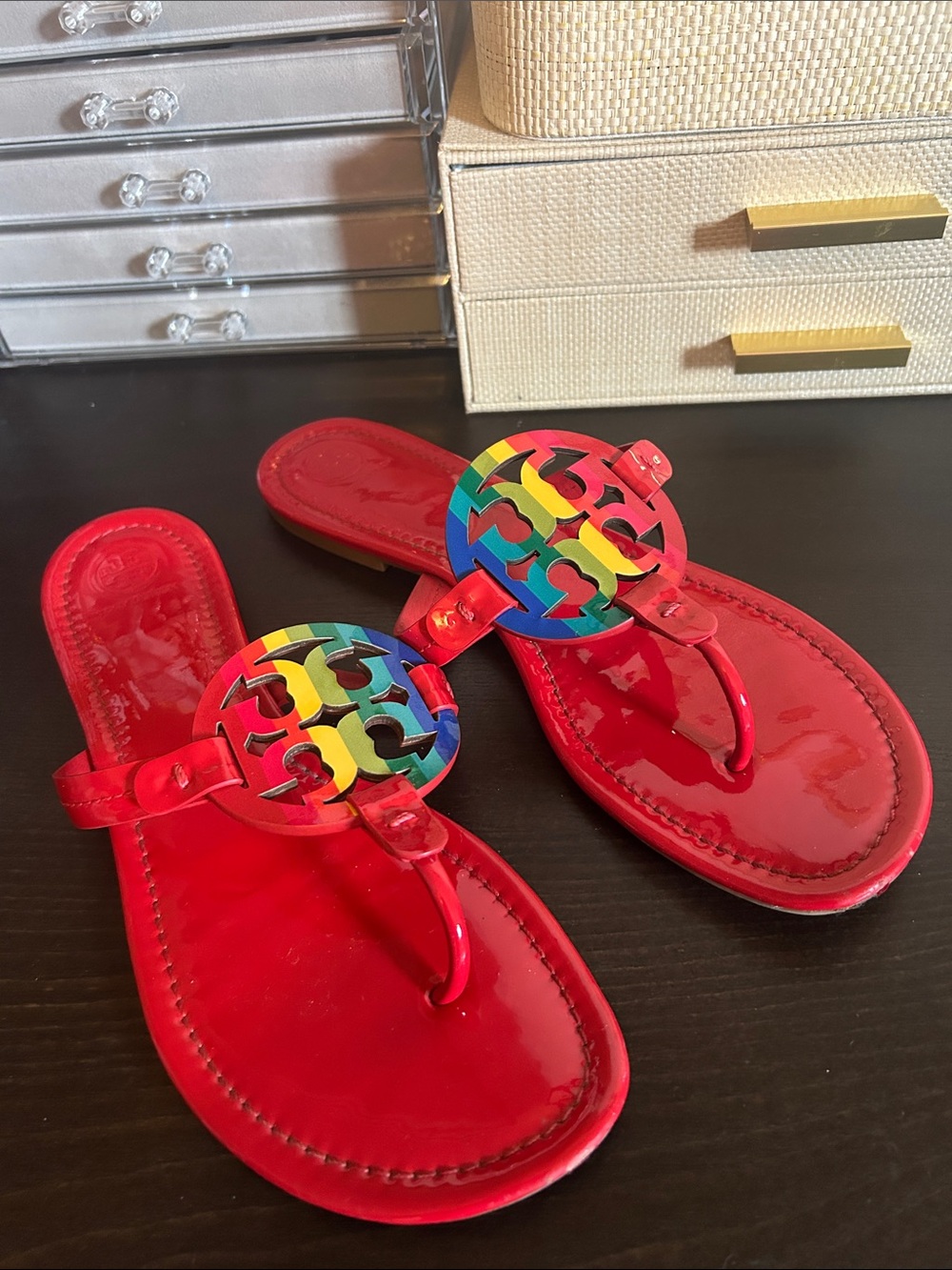 Tory Burch Red Patent Miller Sandals with Rainbow Logo